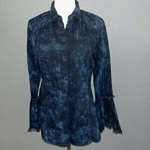 SCULLY Western Tie Die Black & Blue Ruffle Sleeves Frayed Edges Shirt Blouse Top
